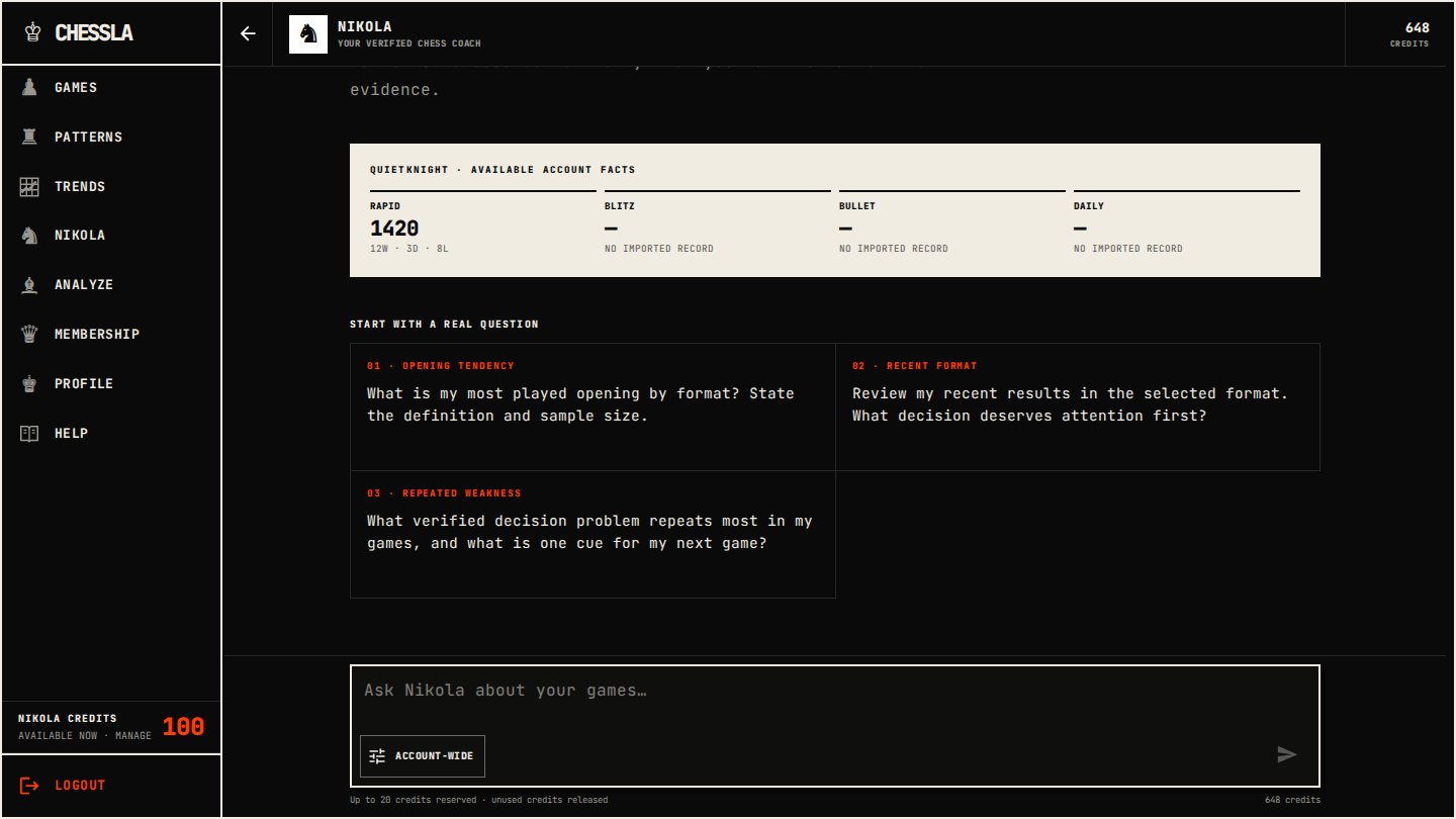 Current CHESSLA Nikola chat showing account facts, natural questions, and a bounded credit estimate.